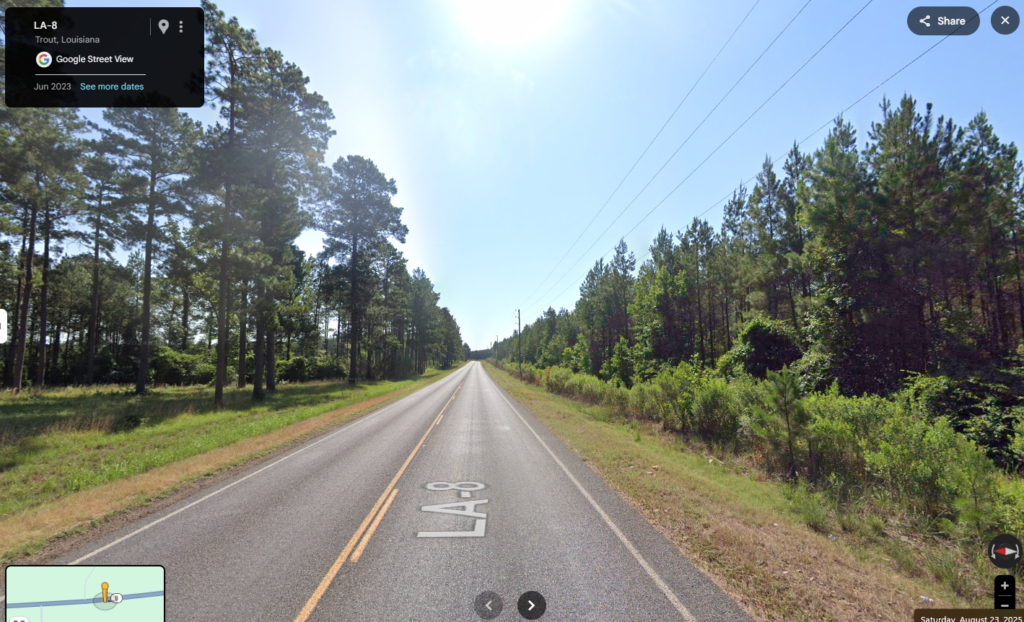 Google Street view image shows two lane road labeled LA-8 flanked by trees on each side