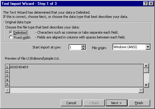 Text Import Wizard Step 1 (Set to Delimited)