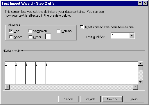Text Import Wizard Step 2 (Delimiter is Tab)
