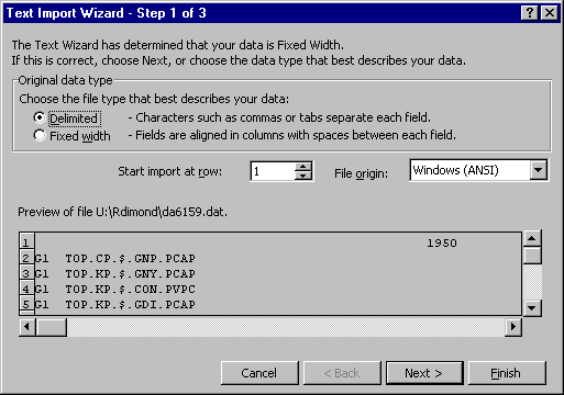 Text Import Wizard Step 1 (New Data Set)