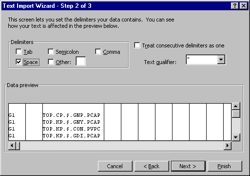 Text Import Wizard Step 2 (Delimiter is Space)