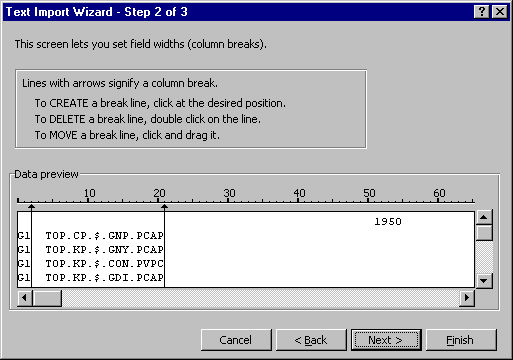 Text Import Wizard Step 2 (Set Column Breaks)