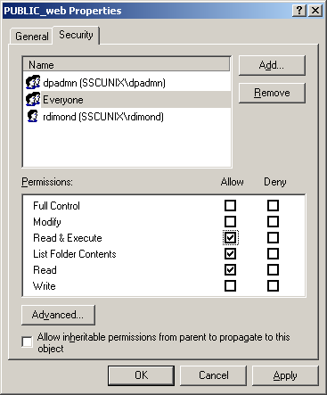 Setting permissions window