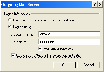 Settings for logging in to the Outgoing Mail Server
