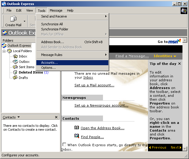 Outlook Express Main Screen--click Tools, Accounts