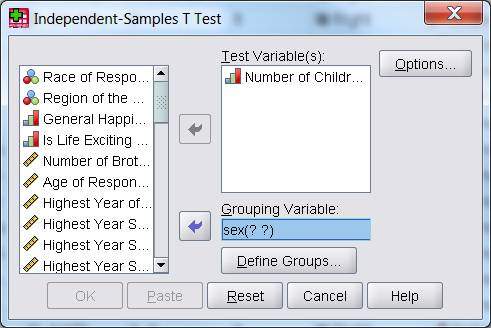 Independant samples T test dialog