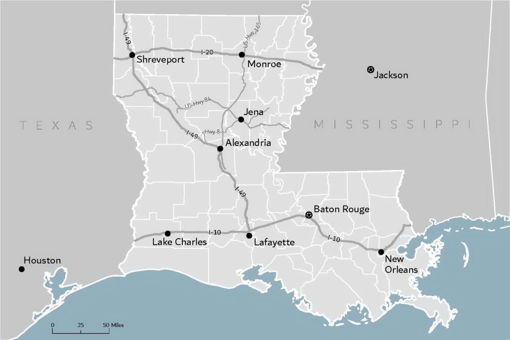 Map of Louisiana cities and roads showing the location of Jena.