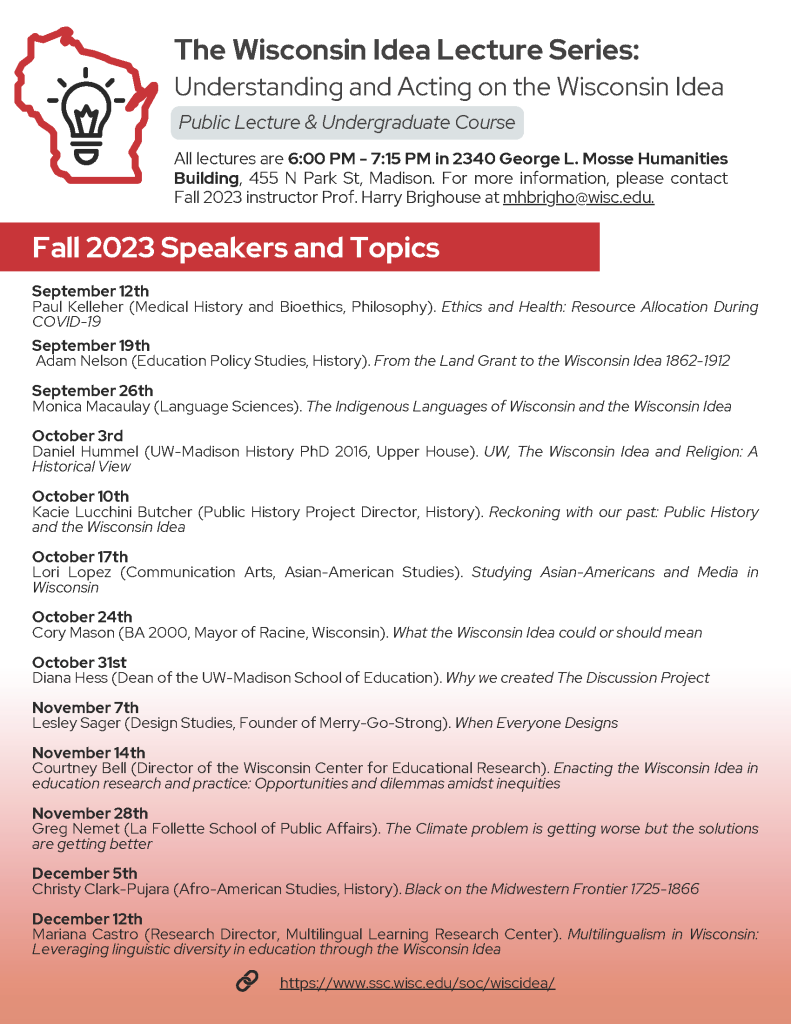 Wisconsin Idea Lecture Series Fall 2023 Schedule