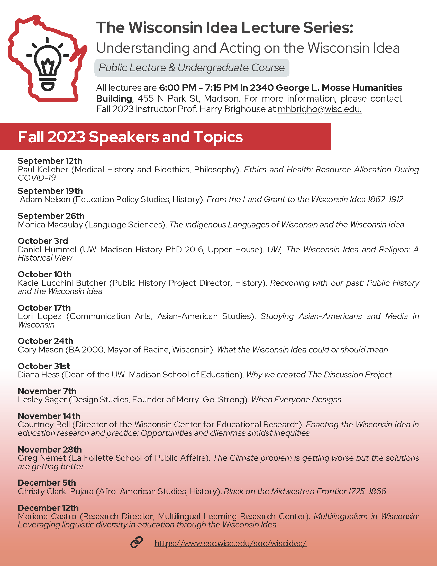 Wisconsin Idea Lecture Series Fall 2023 Schedule