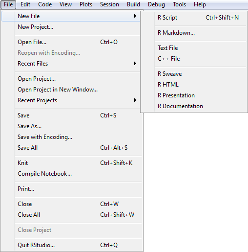 RStudio New File Menu