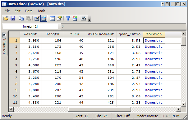 Data browser looking at a variable with value labels