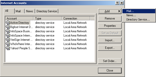 Internet Accounts Window--Click Add, Mail.