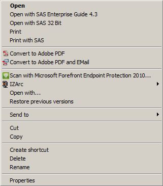 Context menu for a SAS data set