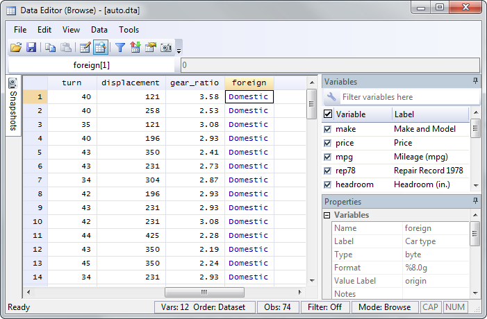 Data browser looking at a variable with value labels