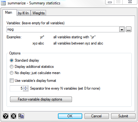 Getting summary statistics for mpg